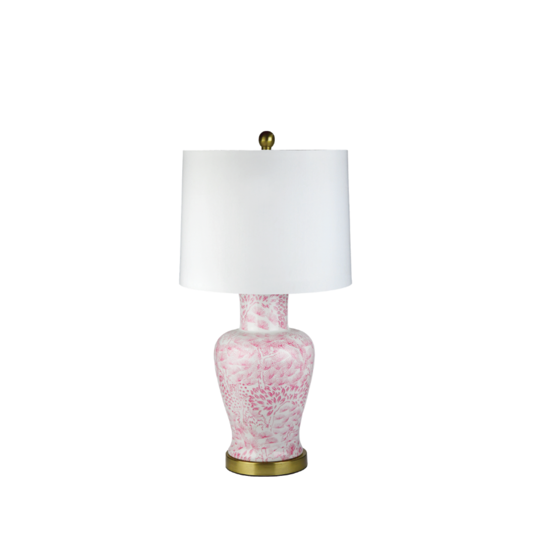 PINK CHINOISERIE TABLE LAMP 30D X 19H